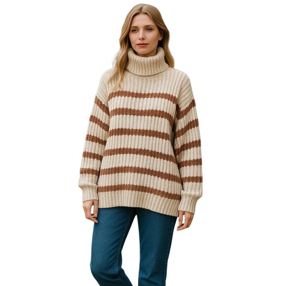 Sadie & Sage Cream Brown Striped Turtleneck Sweater M NWT | Chunky Rib Knit Pull - Picture 1 of 7